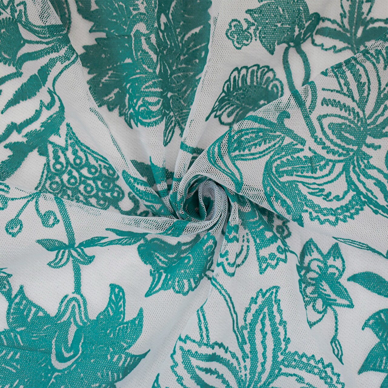 Dark Teal-White Nylon Floral Printed Mesh Tulle Knit Fabric By the Yard